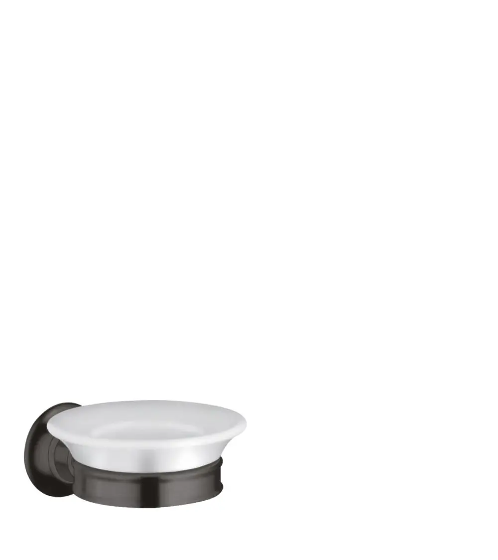 AXOR Seifenschale mit einer runden, weißen Glasfläche und einem matt schwarzen Metallrand, montiert an einer Wand. Ideal für Badezimmeranwendungen.